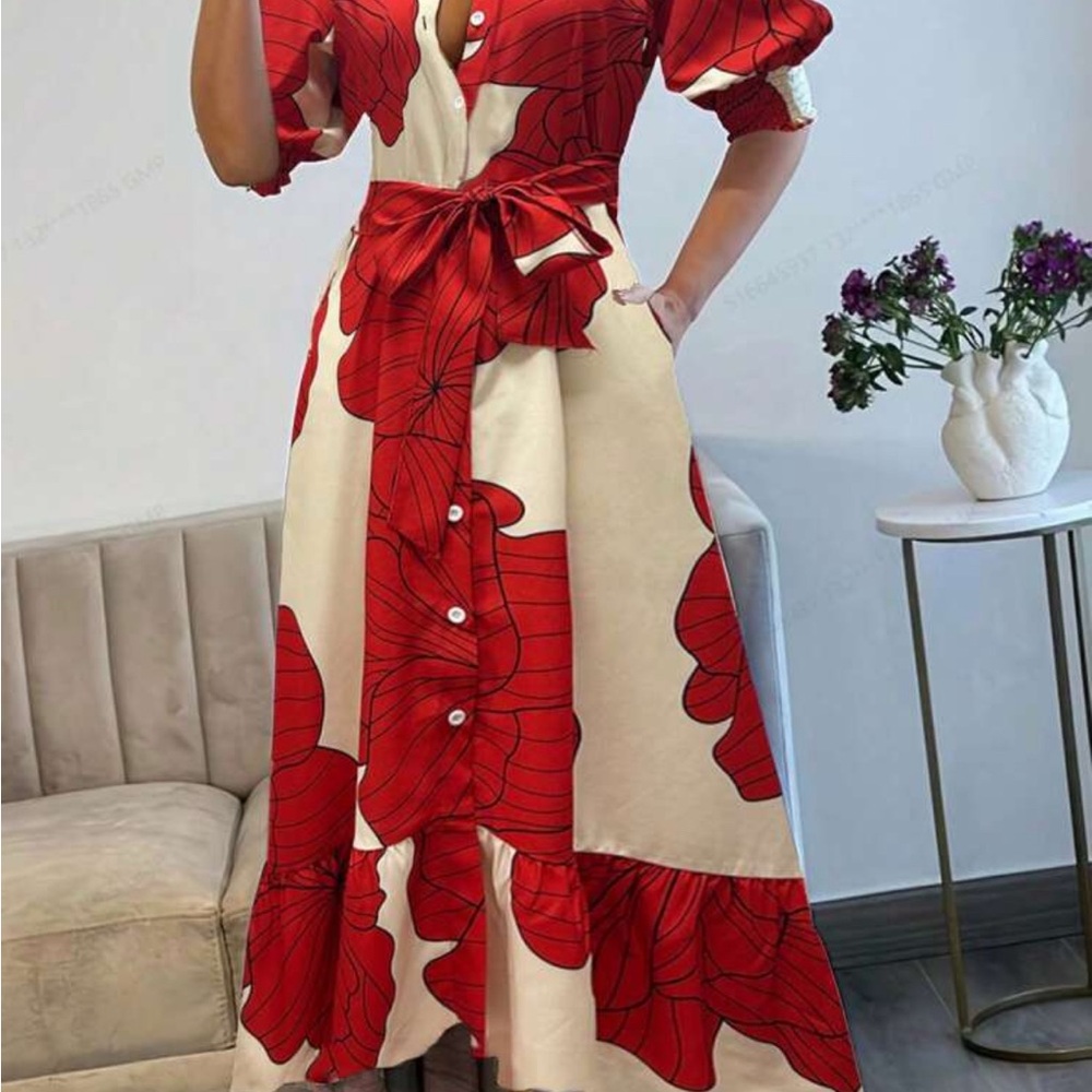 SHEIN Red Ruffled Maxi Dress with Puff Sleeves